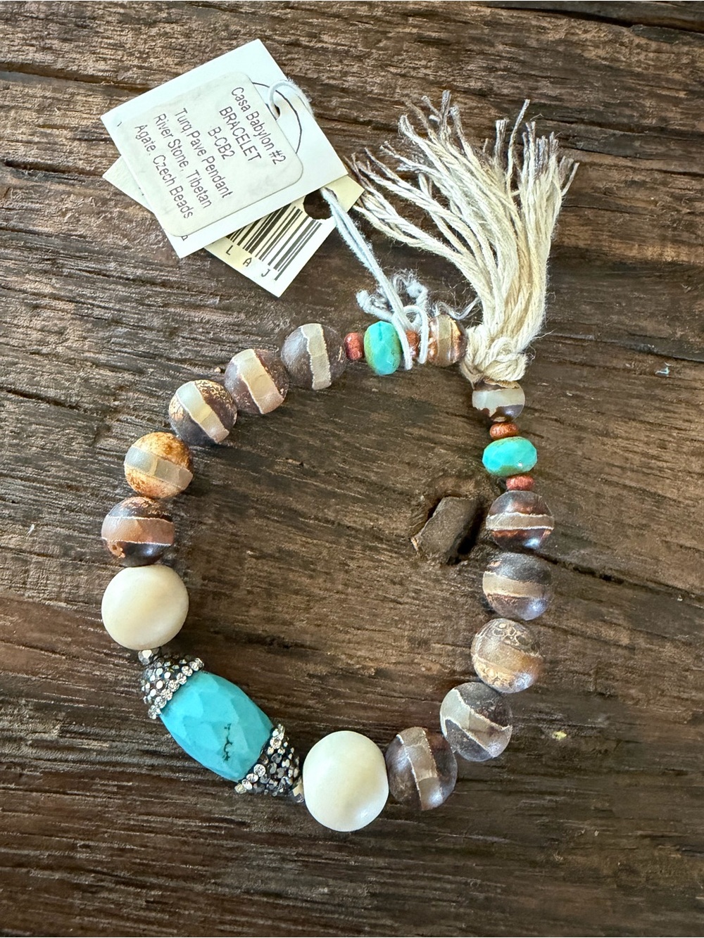 Turquoise & Natural Bead Stretch Bracelet with Tassel